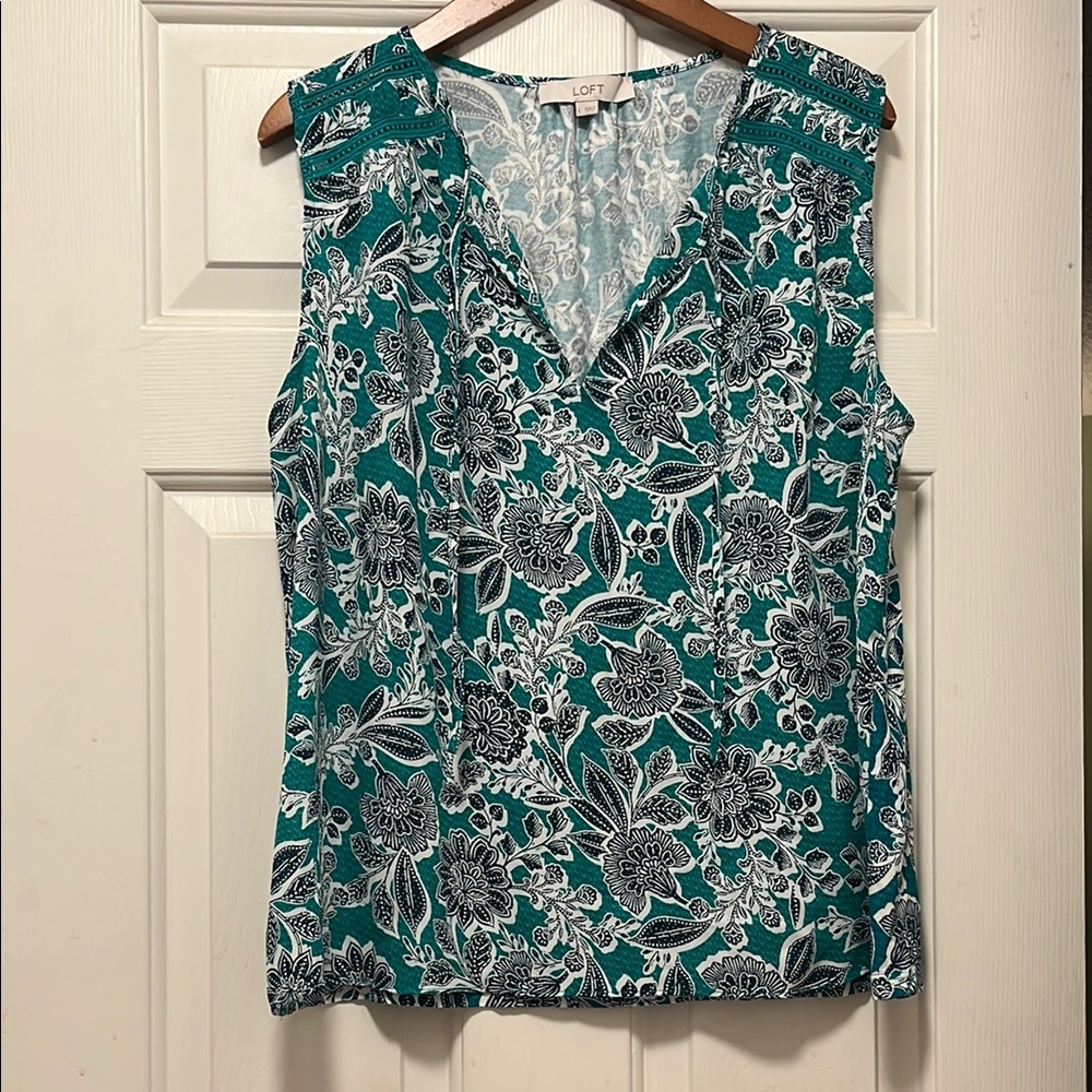 LOFT Sleeveless Mixed Media Top with V-Neck and Floral Design